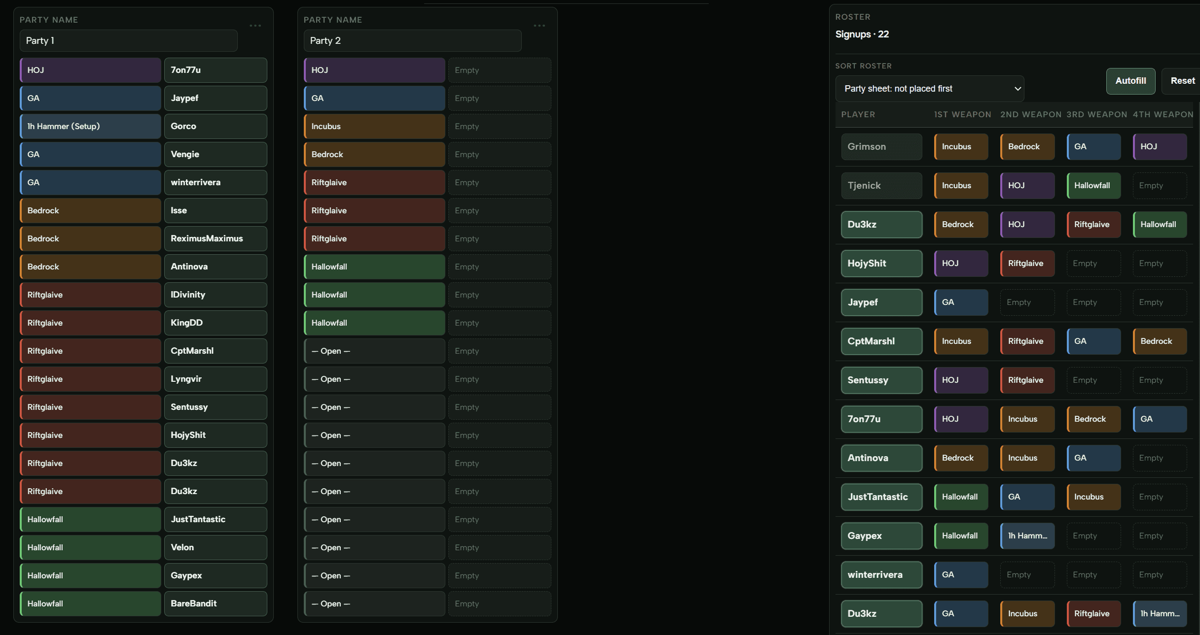 Event roster: party columns with role badges and player names, open slots, and a signups sidebar with sort and autofill.